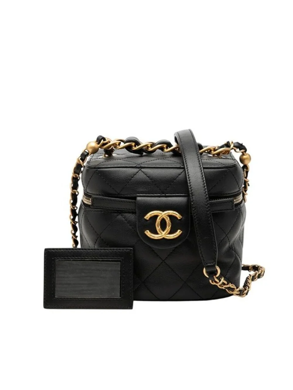 Chanel Quilted CC Logo Chain Shoulder Bag Vanity Black Lambskin